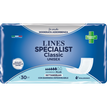 lines specialist classic pannolone incontinenza rettangolare con barriera impermeabile 30 pezzi